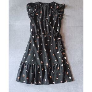 Ann Taylor Black Floral Midi Wrap Dress Flutter Sleeve SIZE 6